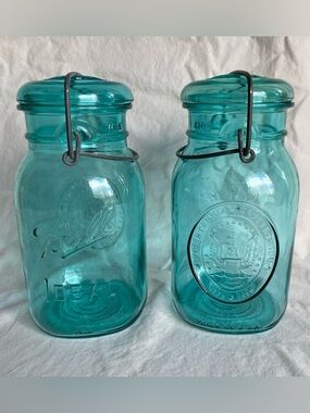 Vintage Ball Ideal Blue Mason Bicentennial Quart Jars 1776-1976 Eagle Wire Bale